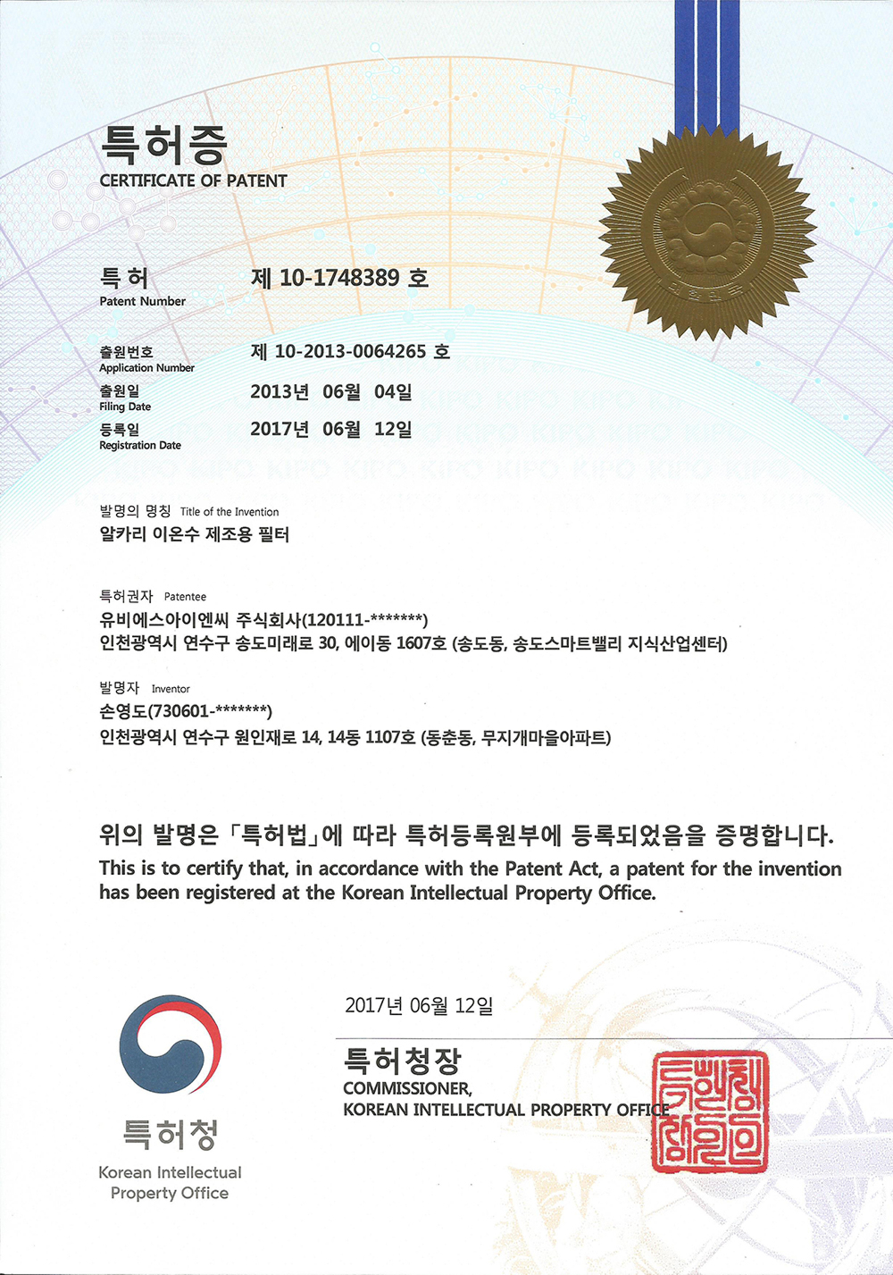 알칼리 이온수 제조용필터 특허